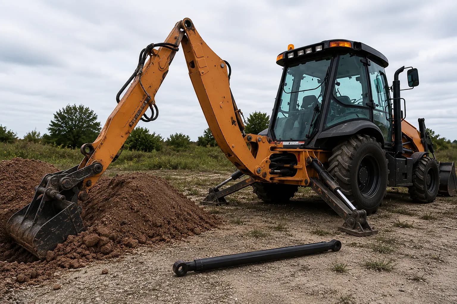 Excavator hydraulic cylinder rod repair example showing damaged cylinder components