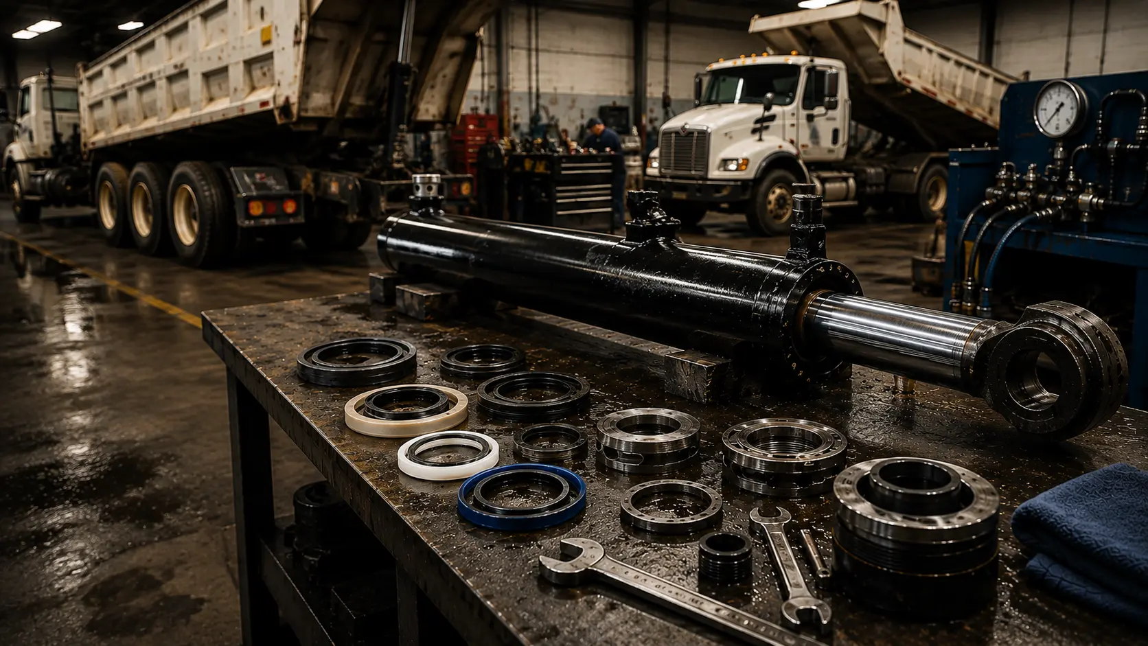 Hydraulic cylinder repacking example for a fleet dump cylinder