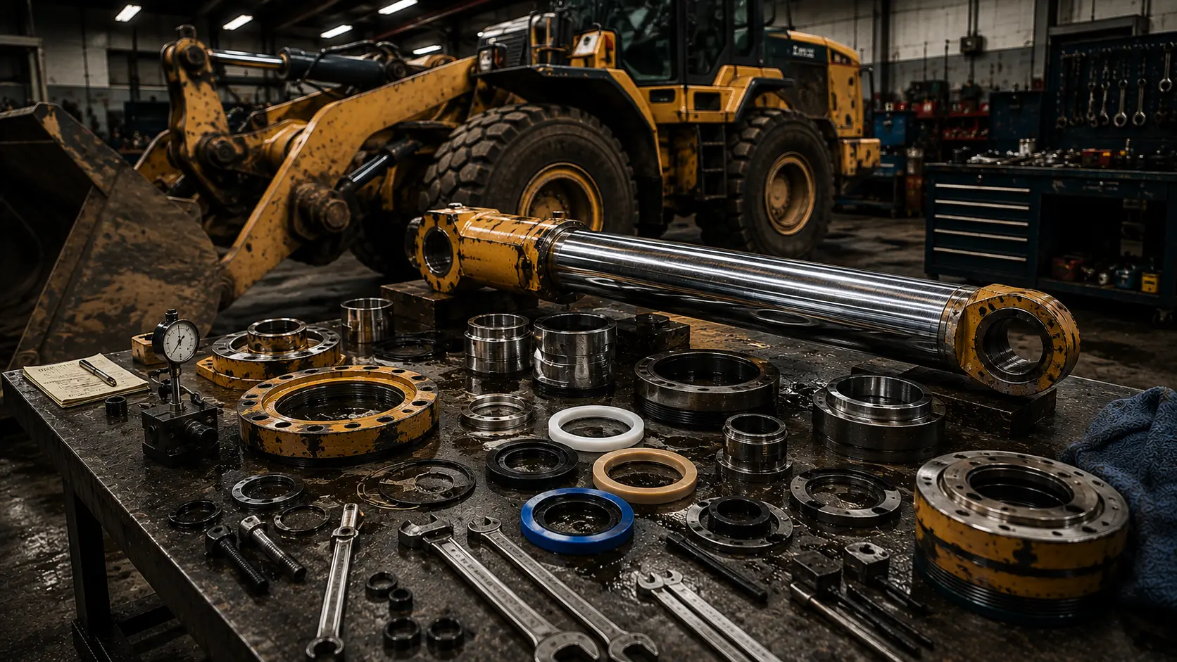 Hydraulic rod repair example for heavy equipment loader cylinder service