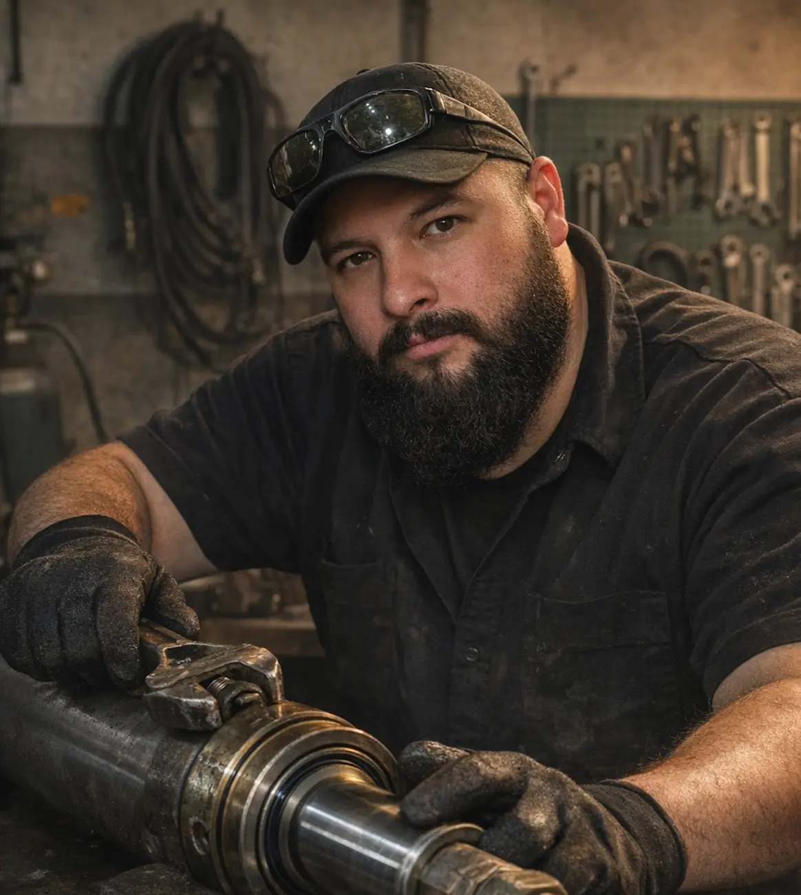 Hydraulic cylinder repair technician at work